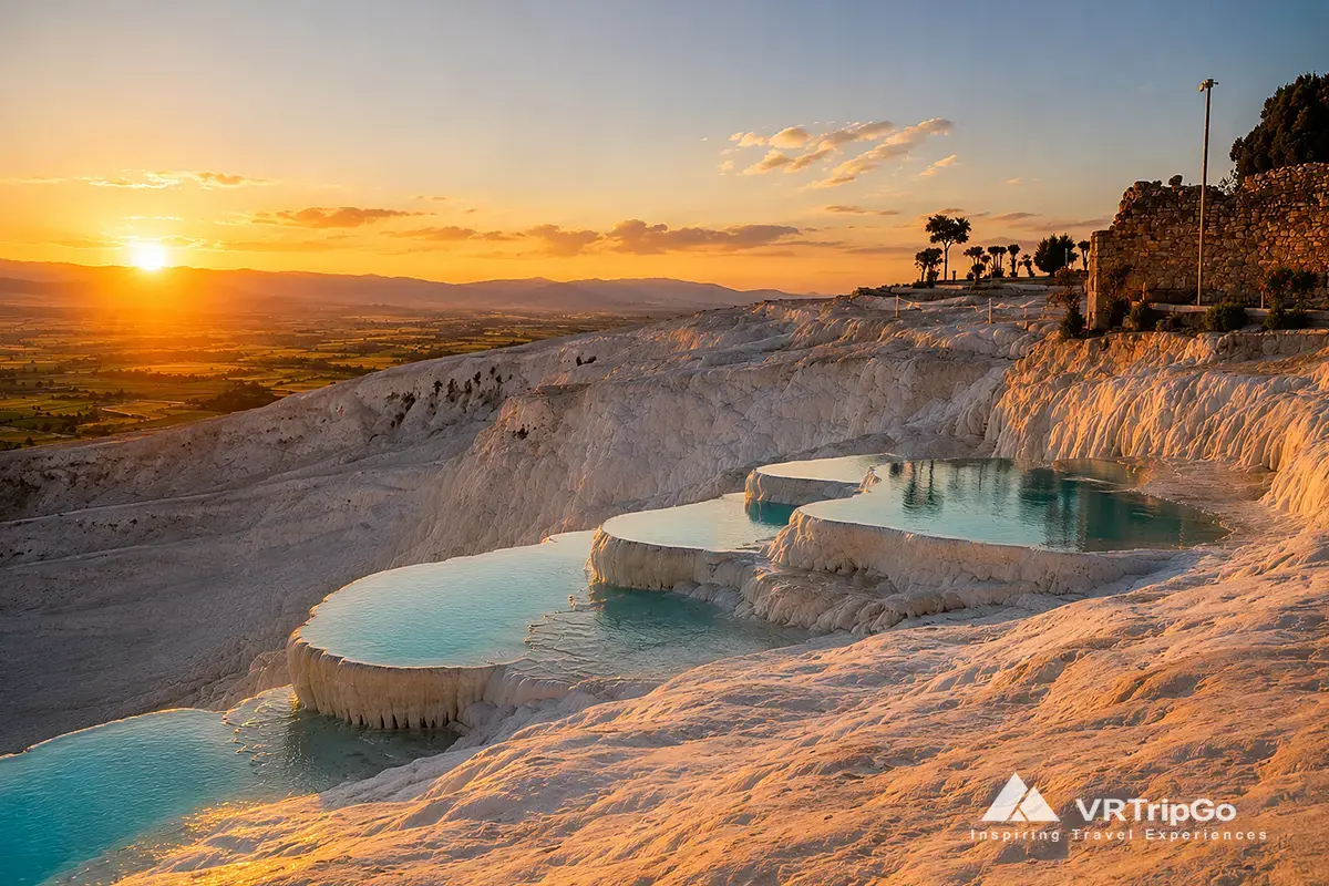Pamukkale Day Trip from Marmaris featuring the famous white travertine terraces, turquoise thermal pools, and a beautiful sunset over the valley landscape.