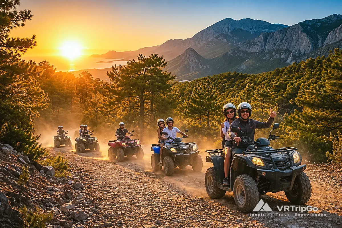 Quad Safari Adventure featuring ATV riders driving through mountain trails at sunset, surrounded by pine forests, dust clouds, and stunning coastal views.