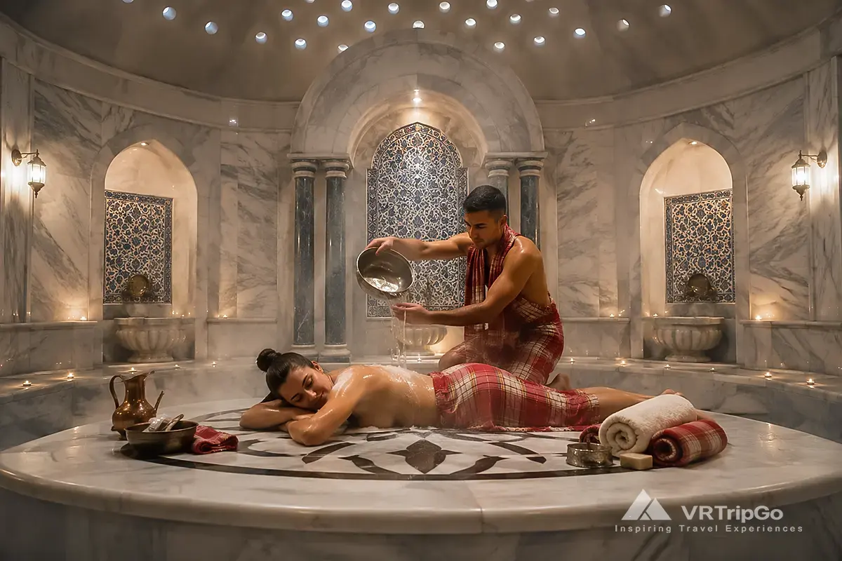 Traditional Turkish Bath Experience in a luxurious marble hammam with steam, warm lighting, relaxing spa treatment, and authentic Turkish wellness rituals.