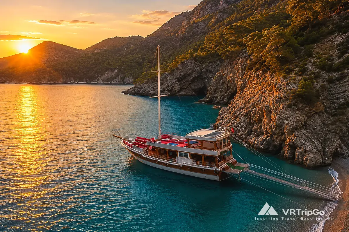 Oludeniz Boat Trip on a traditional wooden gulet anchored in a secluded turquoise bay at sunset