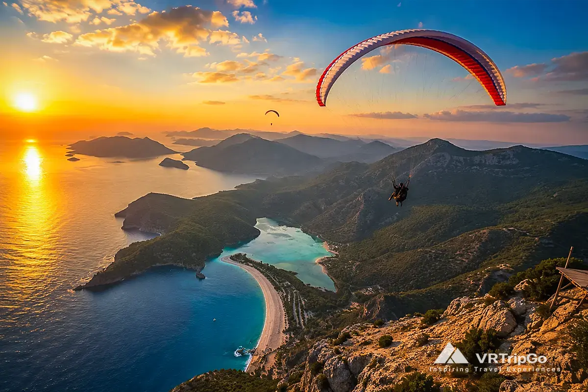 Paragliding from Babadag Mountain with breathtaking views over Oludeniz Lagoon, turquoise coastline, and a spectacular sunset flight