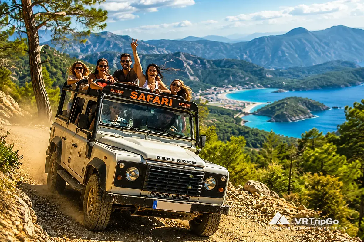 Jeep Safari Adventure with an open-top off-road vehicle, mountain trails, coastal views, and tourists enjoying an exciting outdoor excursion
