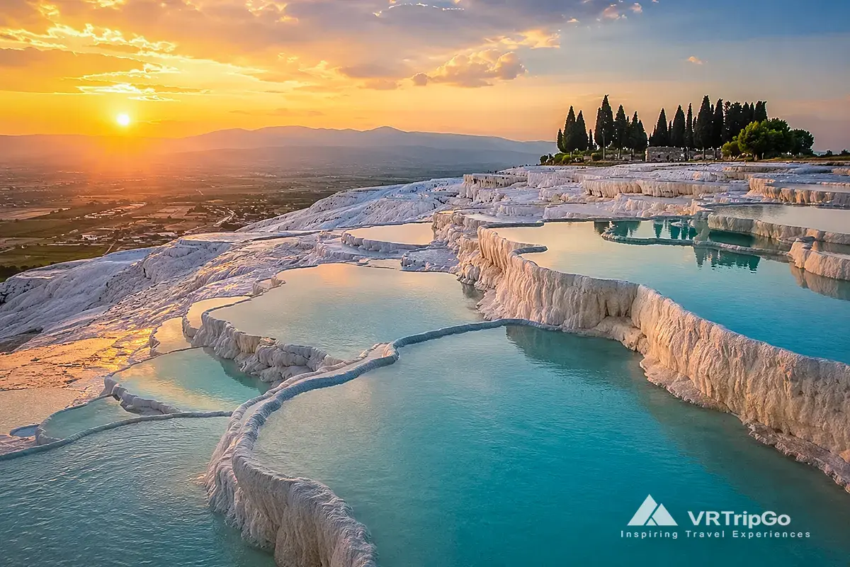 Pamukkale Day Trip from Fethiye featuring the famous white travertine terraces, turquoise thermal pools, and stunning sunset views over the valley