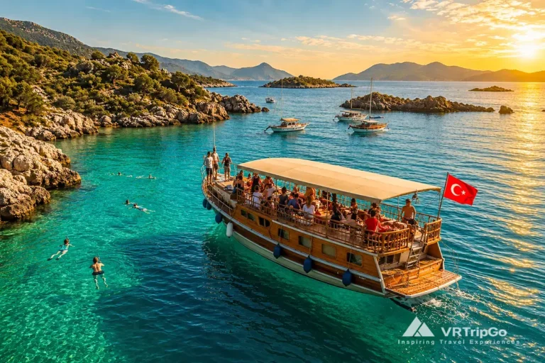Kaş Boat Tour featuring a traditional wooden cruise boat sailing through crystal-clear turquoise bays, rocky islands, and stunning Mediterranean coastal scenery at sunset