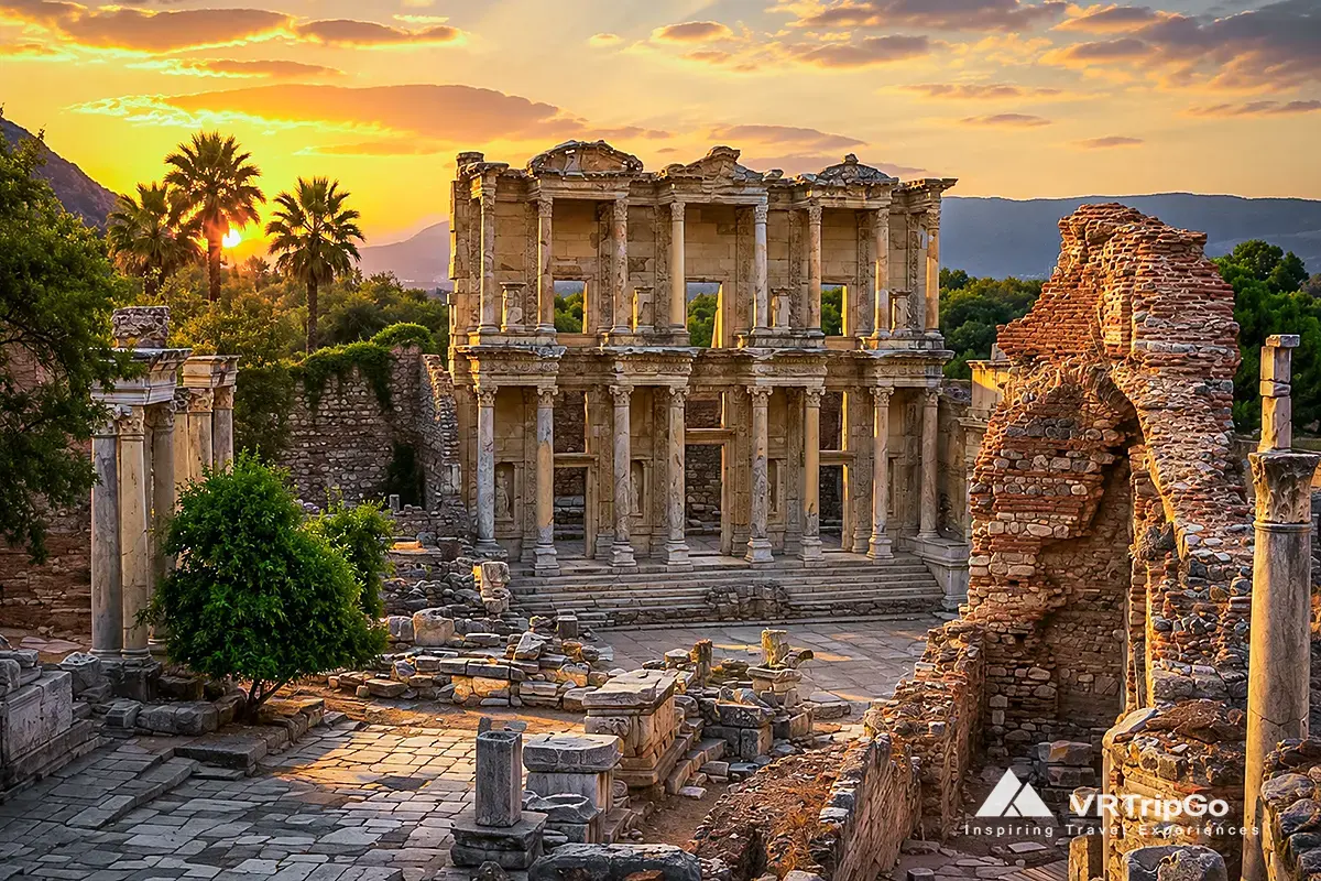 Best Excursions in Kusadasi featuring the ancient Library of Celsus in Ephesus at sunset