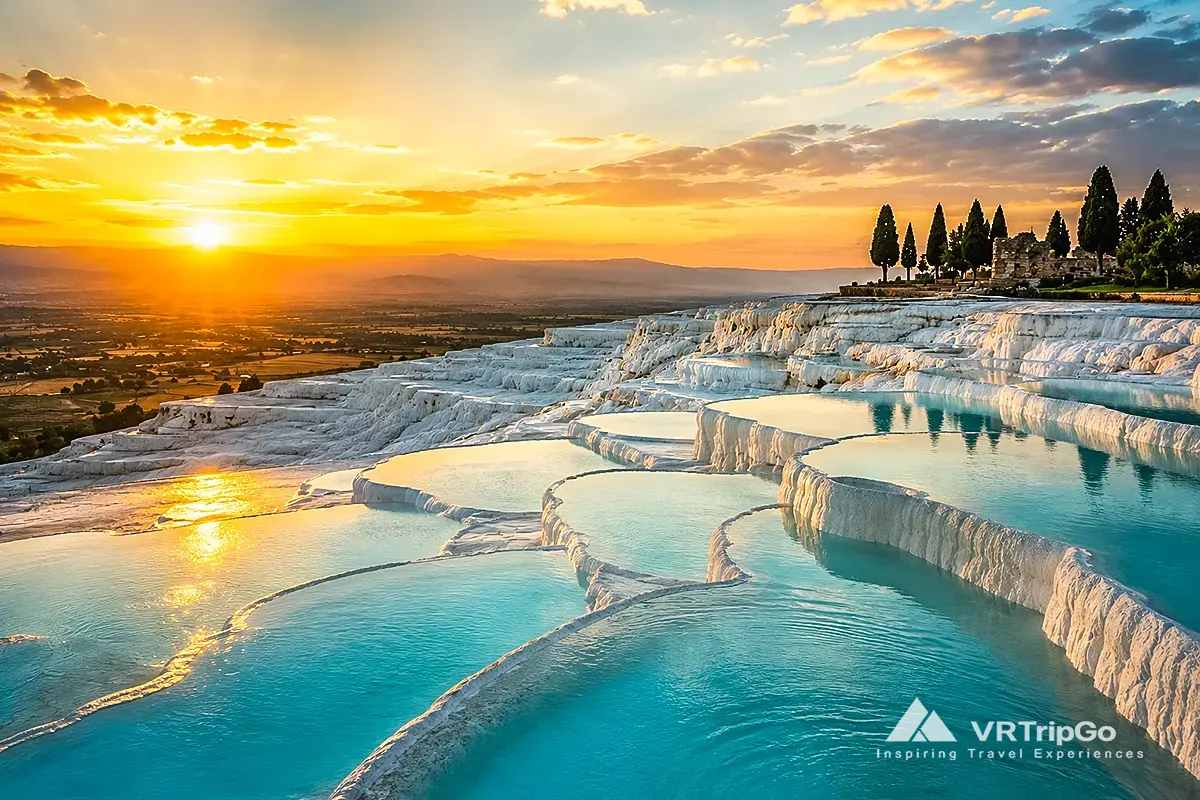 Pamukkale Day Trip from Kusadasi featuring the famous white travertine terraces, turquoise thermal pools, and spectacular sunset views across the valley