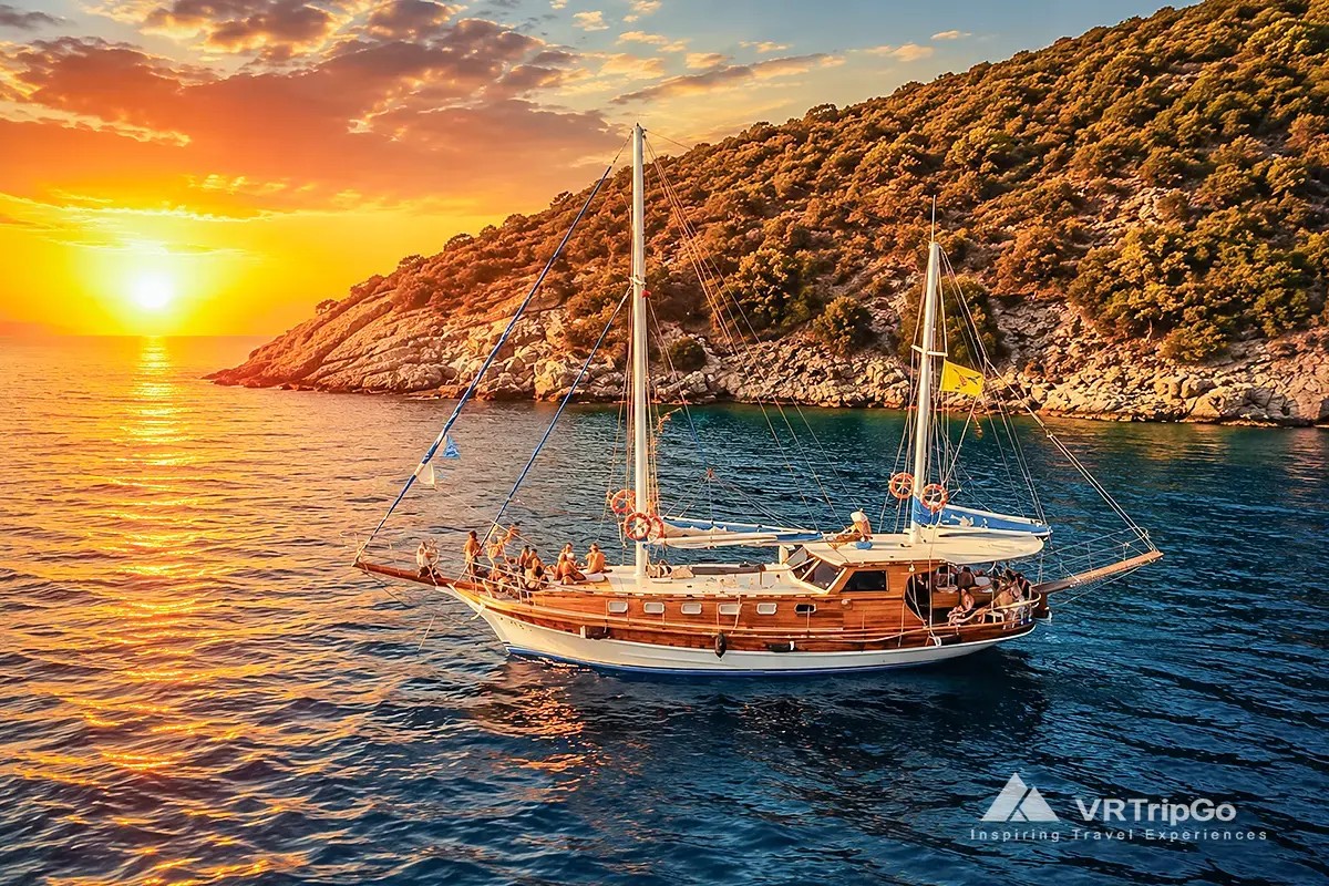 Kusadasi Boat Trip on a traditional wooden yacht cruising through crystal-clear waters with stunning coastal scenery and a beautiful sunset