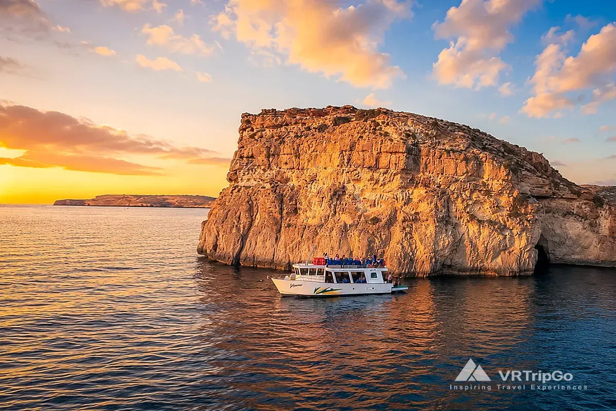 Blue Lagoon Boat Tour at Sunset Along a Scenic Coastal Cliff