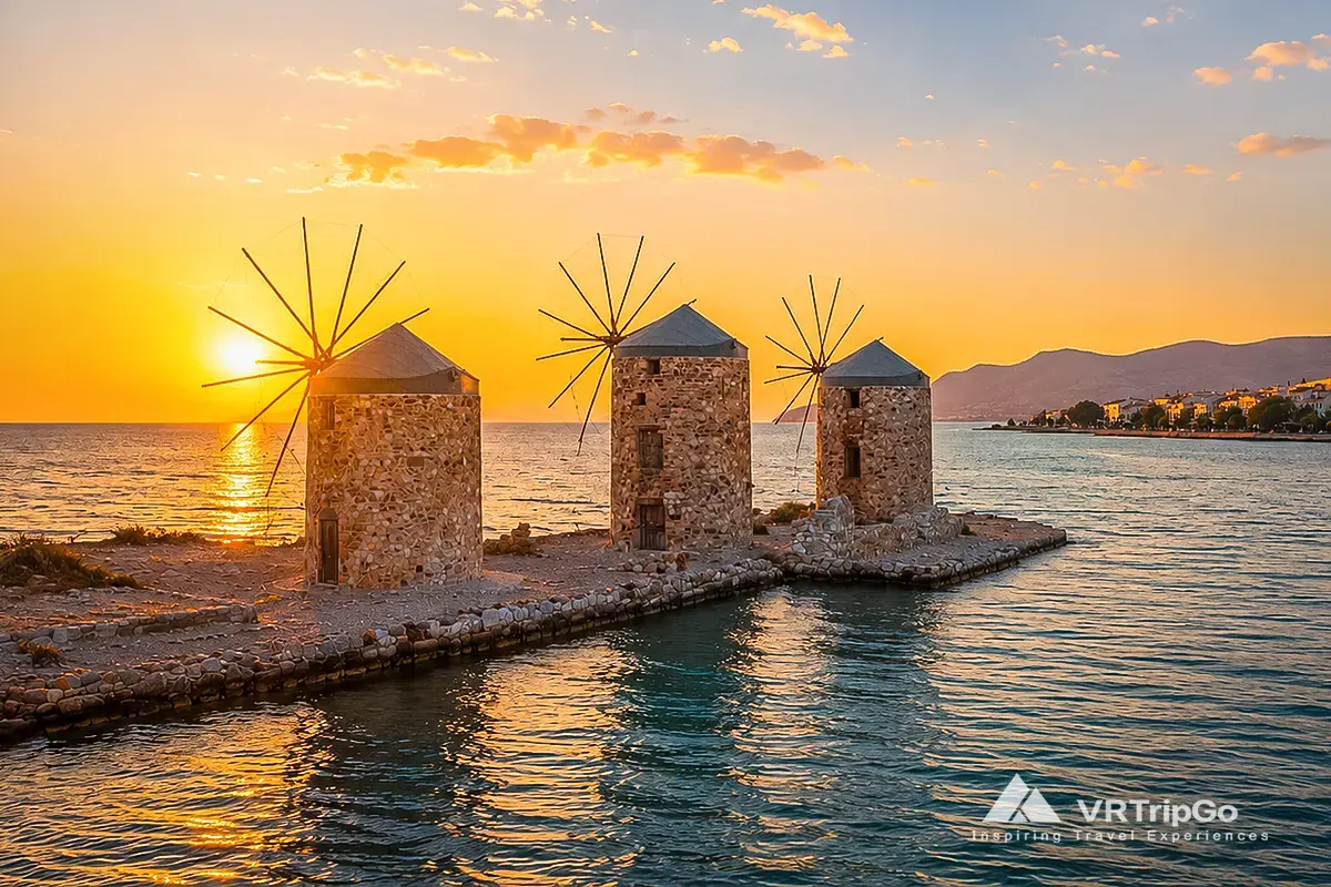 Chios Island Day Trip Featuring Historic Windmills on the Aegean Coast at Sunset