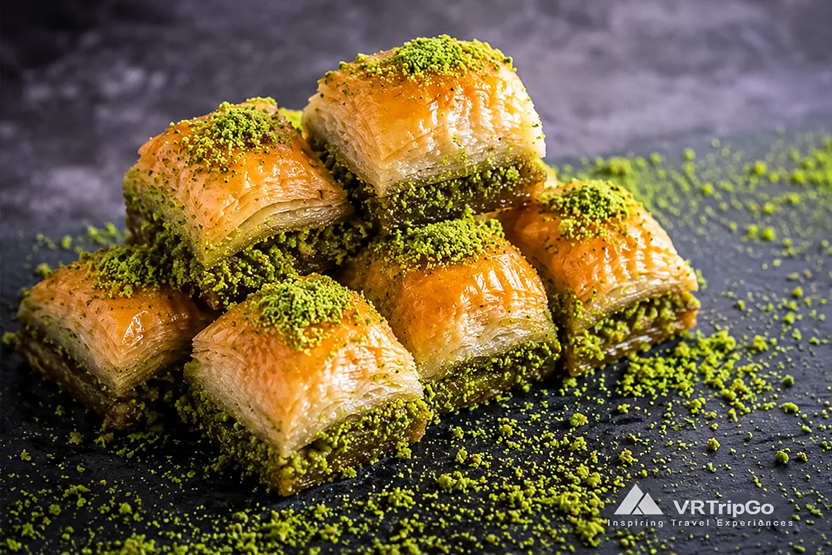 Baklava from Alanya with traditional Turkish pastry layers, rich pistachio filling, and authentic Mediterranean dessert flavors