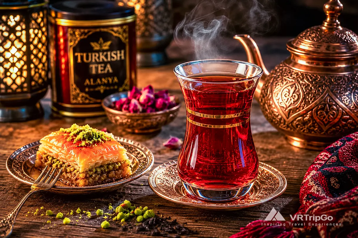 Traditional Turkish tea served in an elegant glass with authentic baklava, warm evening atmosphere, and rich Ottoman-style tea culture
