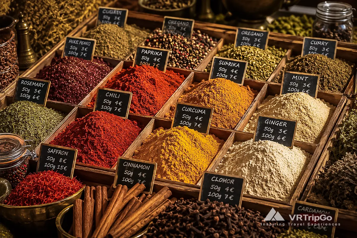 Local spices from Alanya displayed in a traditional Turkish market with colorful seasonings, aromatic herbs, and authentic Mediterranean flavors
