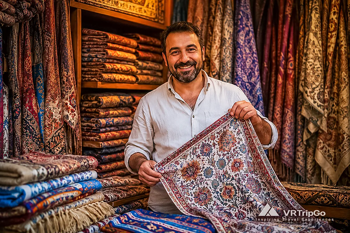 Turkish Textiles in Alanya displayed by a local shopkeeper with colorful handmade fabrics, traditional patterns, and authentic Turkish craftsmanship