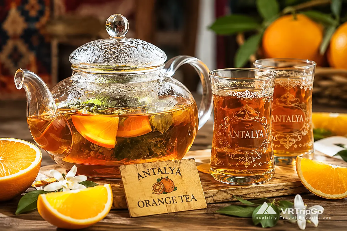 Antalya Orange Tea served in traditional Turkish tea glasses with fresh oranges, aromatic citrus flavors, and authentic local tea culture