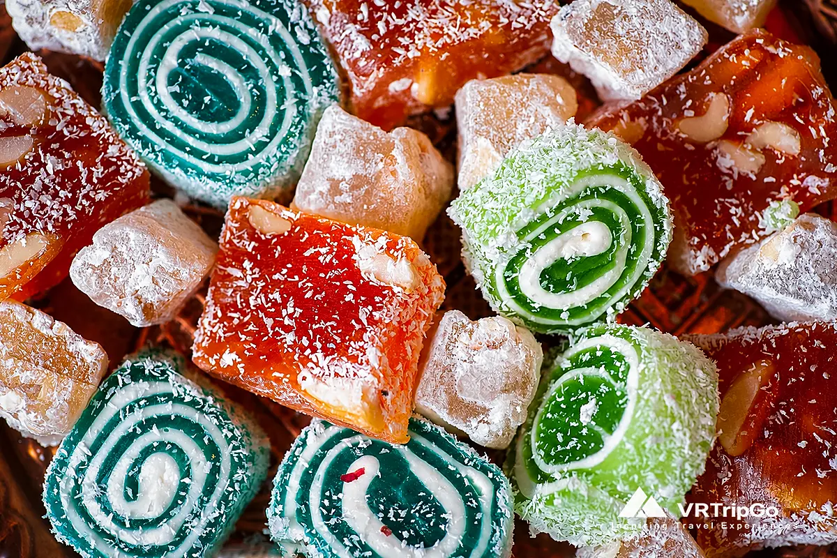 Turkish Delight from Alanya featuring colorful traditional sweets, soft lokum with nuts, and authentic Turkish confectionery craftsmanship