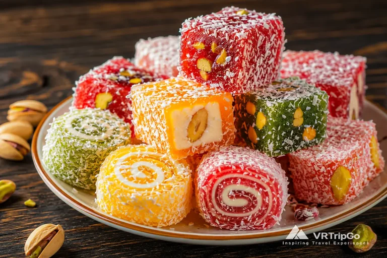 Turkish Delight from Antalya for What to Bring Back from Antalya, featuring colorful handmade lokum, traditional Turkish sweets, coconut-coated treats, and authentic local confectionery