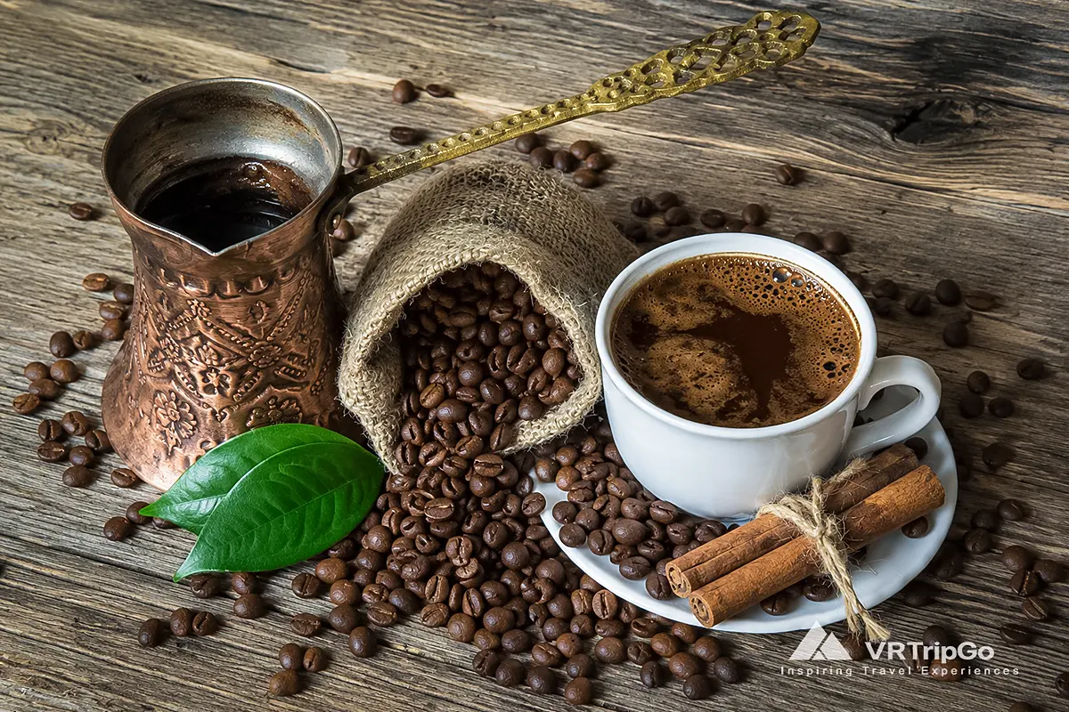 Turkish Coffee from Antalya for What to Bring Back from Antalya, featuring traditional Turkish coffee, roasted coffee beans, an authentic copper cezve, and rich Mediterranean coffee culture