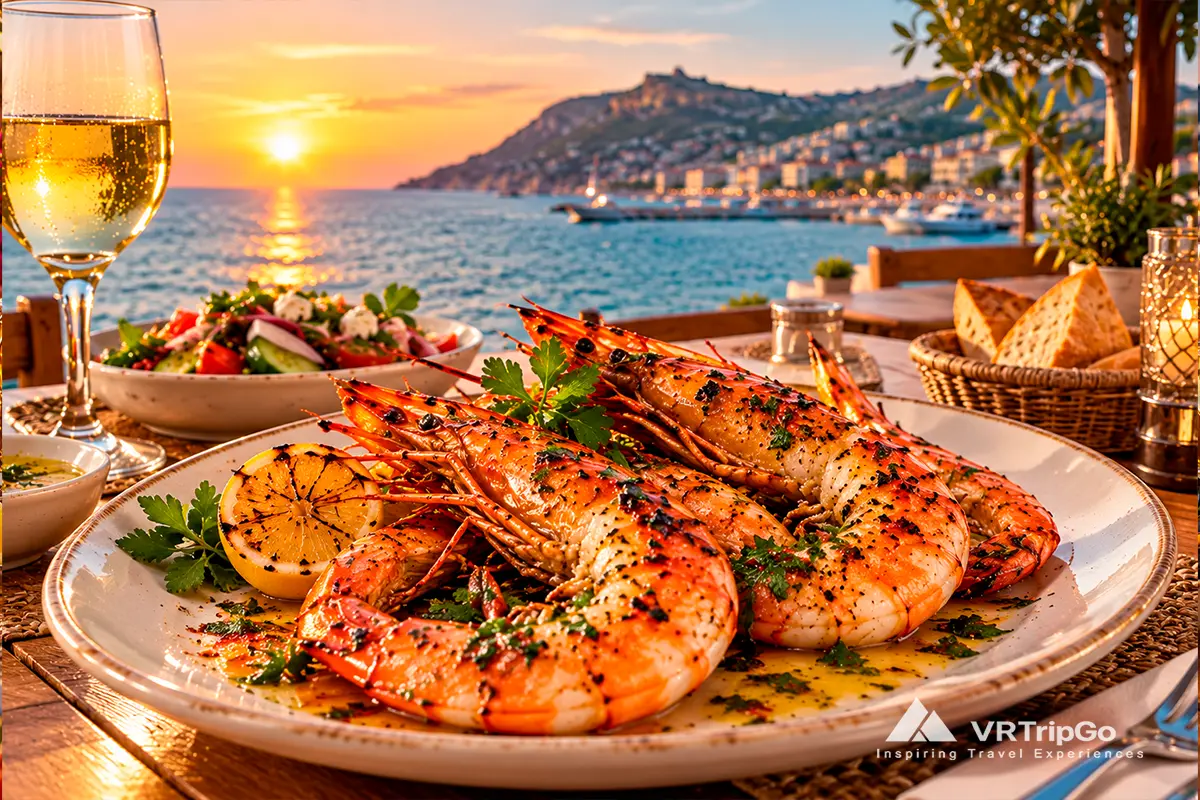 Grilled king prawns with lemon and herbs at a seaside restaurant in Alanya at sunset.