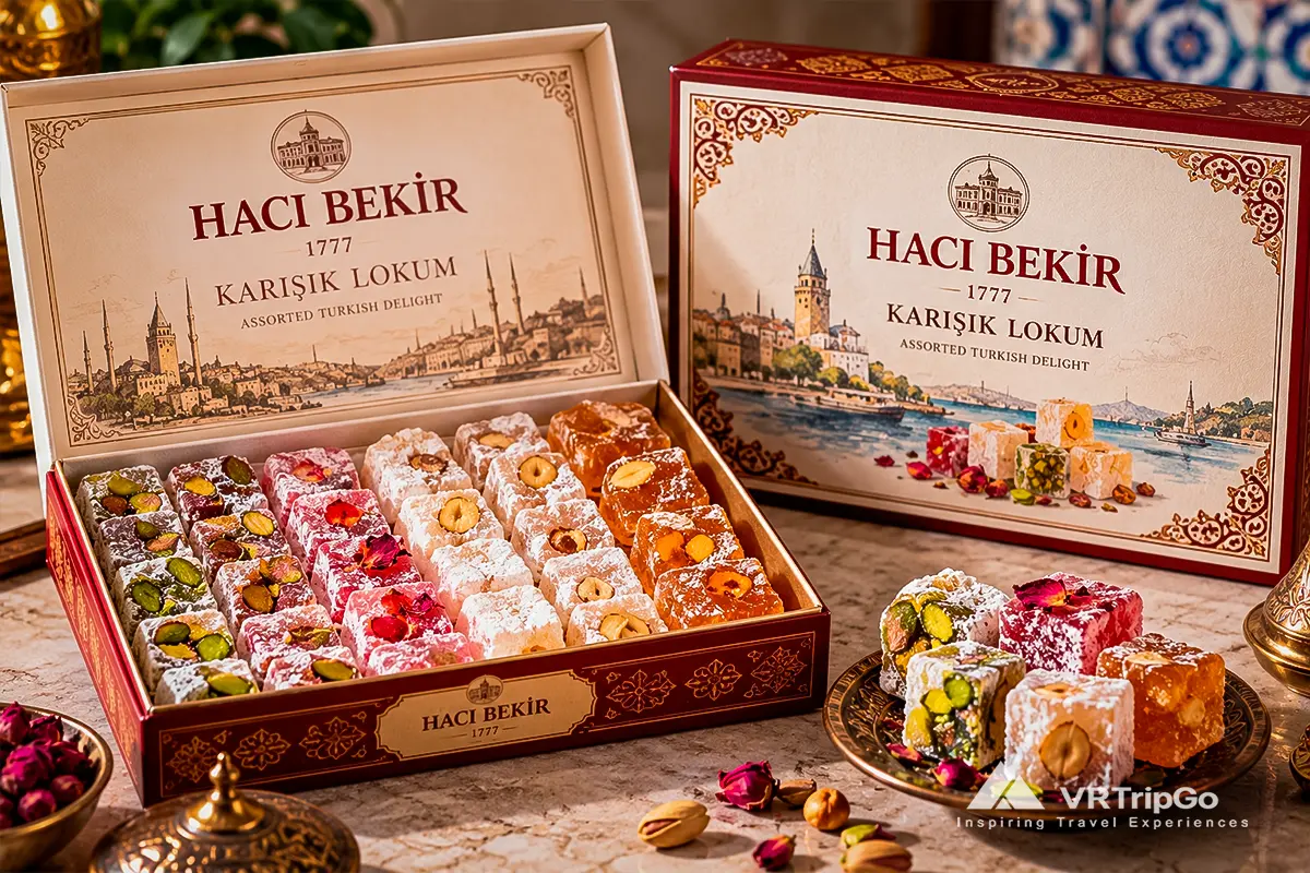 Turkish Delight from Alanya with traditional colorful sweets, pistachios, walnuts, Turkish tea, and authentic local delicacies