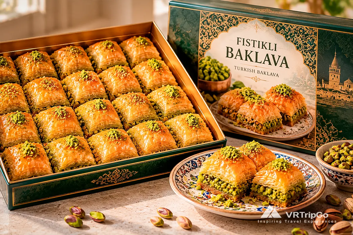 Baklava from Alanya with traditional Turkish pastry layers, rich pistachio filling, and authentic Mediterranean dessert flavors