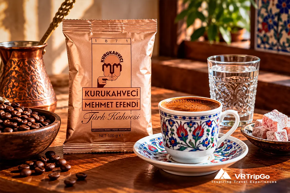 Turkish Coffee from Alanya served in a traditional ornate cup with rich coffee foam, roasted coffee beans, and an authentic copper cezve