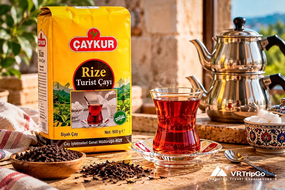 Traditional Turkish tea served in an elegant glass with authentic baklava, warm evening atmosphere, and rich Ottoman-style tea culture