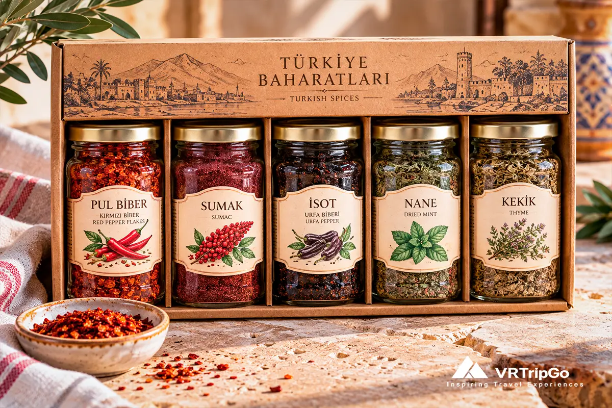 Local spices from Alanya displayed in a traditional Turkish market with colorful seasonings, aromatic herbs, and authentic Mediterranean flavors