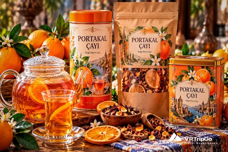 Antalya Orange Tea served in traditional Turkish tea glasses with fresh oranges, aromatic citrus flavors, and authentic local tea culture