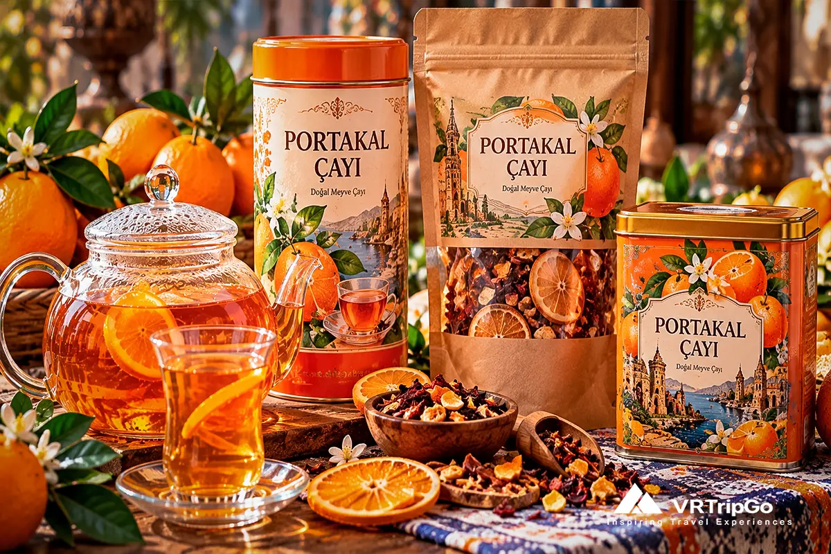 Antalya Orange Tea served in traditional Turkish tea glasses with fresh oranges, aromatic citrus flavors, and authentic local tea culture