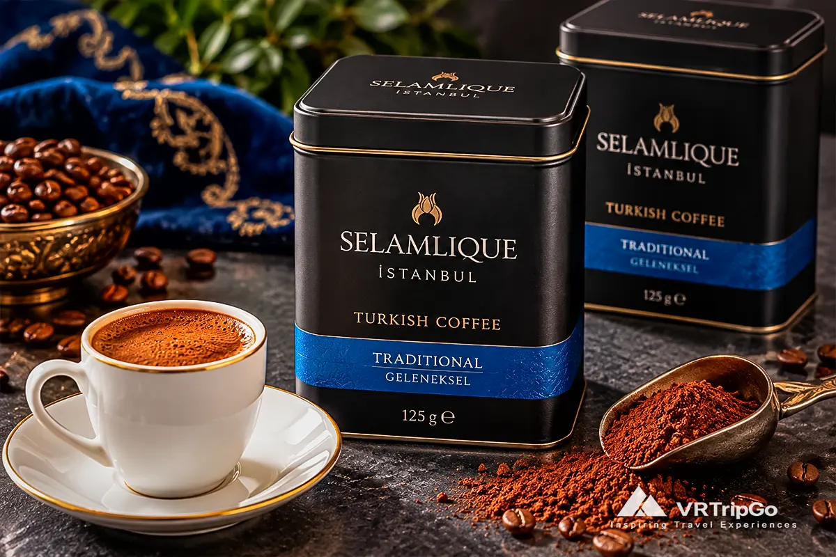 Turkish Coffee from Alanya served in a traditional copper cup with rich coffee foam, roasted coffee beans, Turkish delight, and authentic Ottoman-style coffee culture