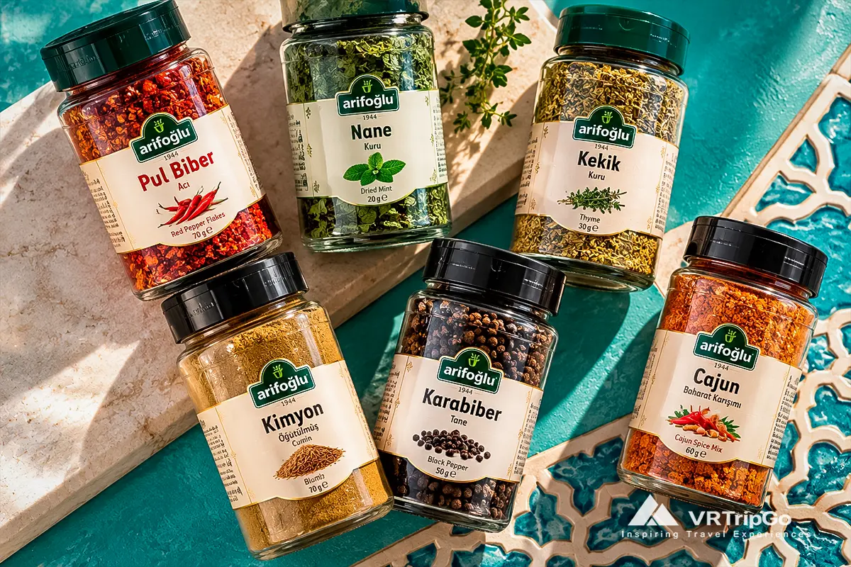 Local Spices from Alanya featuring colorful Turkish seasonings, aromatic herbs, traditional spice blends, and authentic Mediterranean flavors