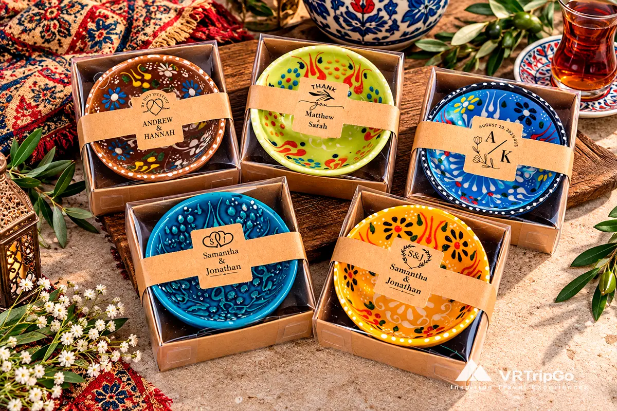Colorful handmade Turkish ceramic bowls with traditional floral patterns, presented in elegant gift boxes with personalized labels and decorative Turkish accessories.