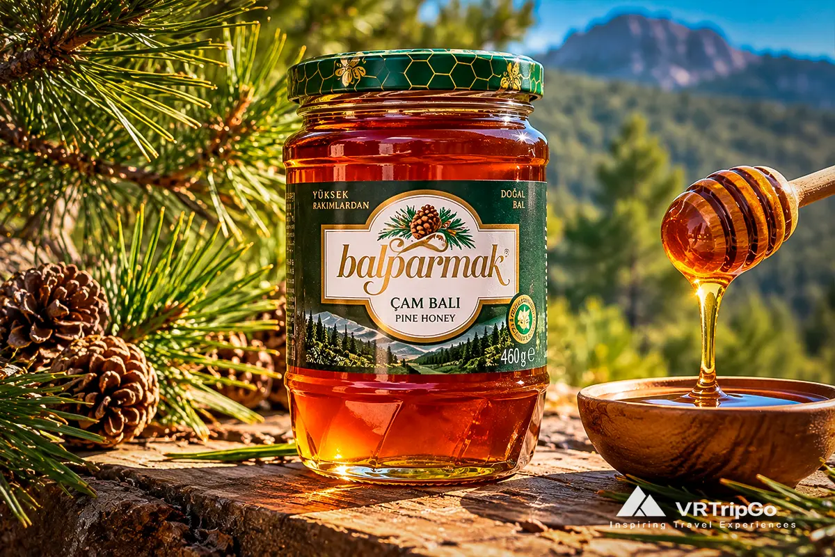 Pine Honey from Antalya featuring rich golden honeycomb, natural pine forest honey, and authentic Mediterranean beekeeping traditions