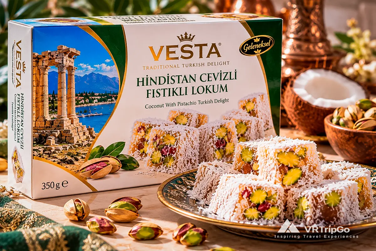Turkish Delight from Antalya for What to Bring Back from Antalya, featuring colorful handmade lokum, traditional Turkish sweets, coconut-coated treats, and authentic local confectionery
