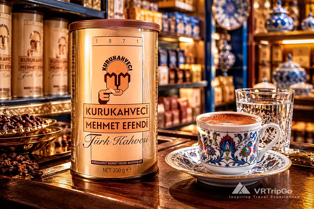 Turkish Coffee from Antalya for What to Bring Back from Antalya, featuring traditional Turkish coffee, roasted coffee beans, an authentic copper cezve, and rich Mediterranean coffee culture