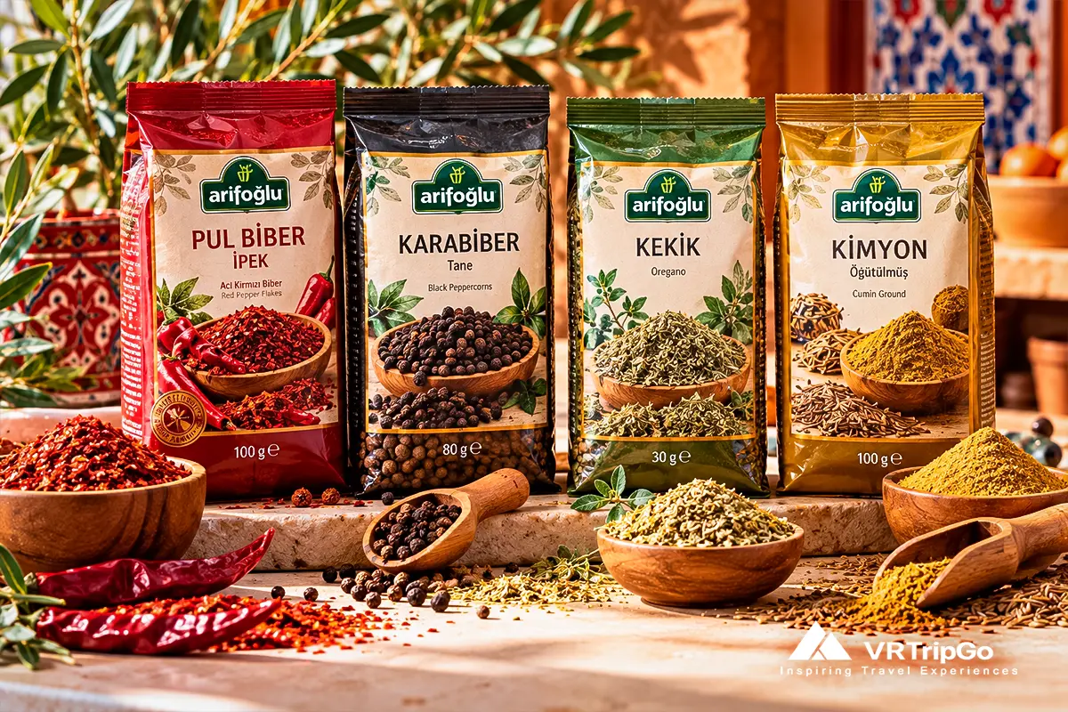 Local Spices from Antalya for What to Bring Back from Antalya, featuring colorful Turkish spice blends, aromatic herbs, traditional seasonings, and authentic Mediterranean market flavors