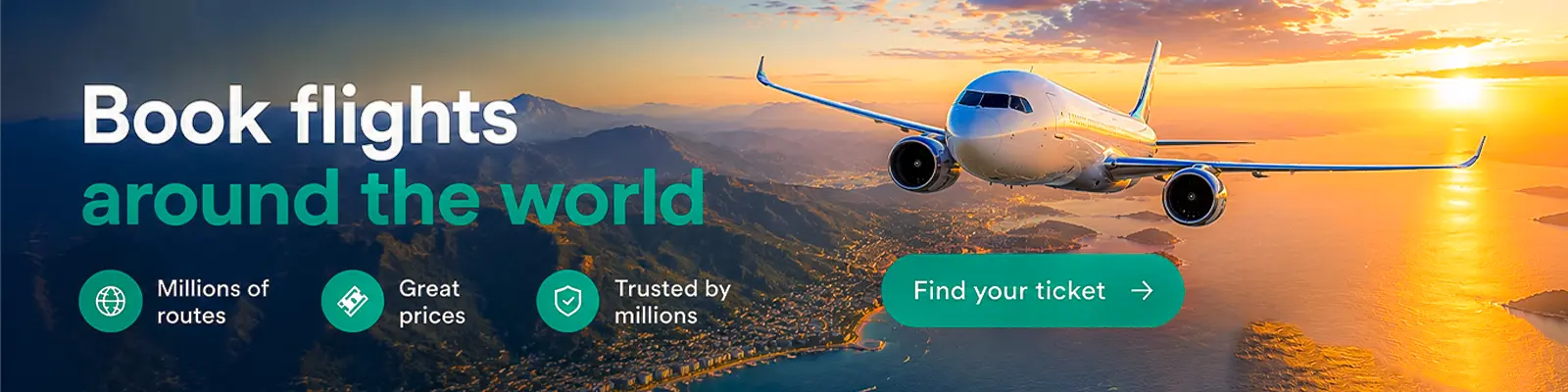 Kiwi.com flight booking banner with a modern airplane flying over a scenic coastline at sunset – book flights around the world