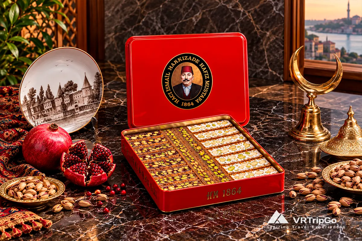 Premium Turkish sweets gift box by Hafiz Mustafa 1864, featuring pistachio confections in a traditional red tin, surrounded by pomegranates, Turkish decorations, and nuts.