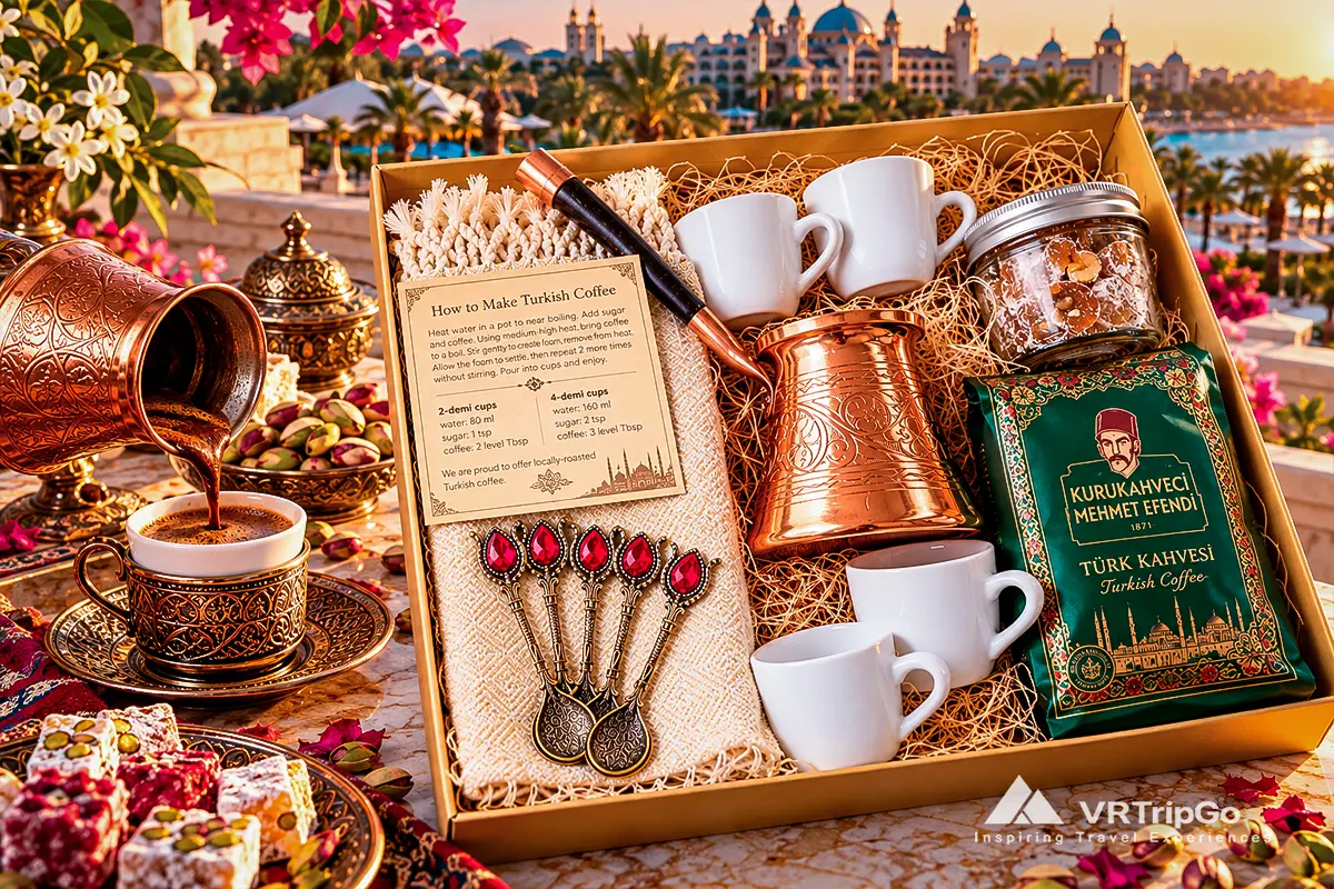 Traditional Turkish Coffee Gift Set with copper cezve, porcelain cups, Turkish delight, and Mehmet Efendi coffee, beautifully presented against a luxury resort backdrop in Belek, Turkey.