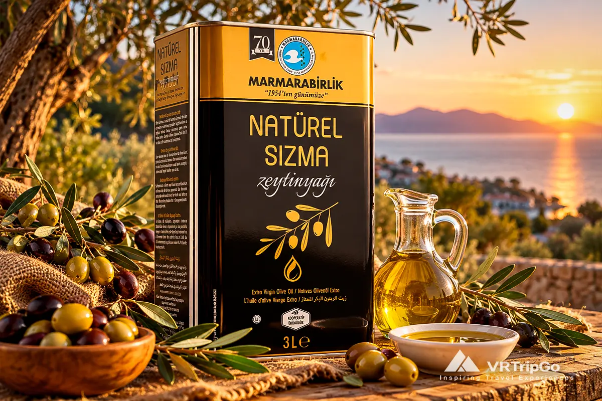 Marmarabirlik Turkish extra virgin olive oil in a 3-liter tin with fresh olives and olive branches overlooking the Mediterranean Sea at sunset.