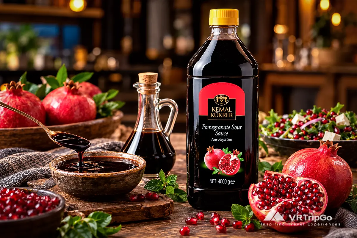 Kemal Kukrer Turkish pomegranate sauce with fresh pomegranates, rich sauce in a ceramic bowl, and a traditional Mediterranean salad.