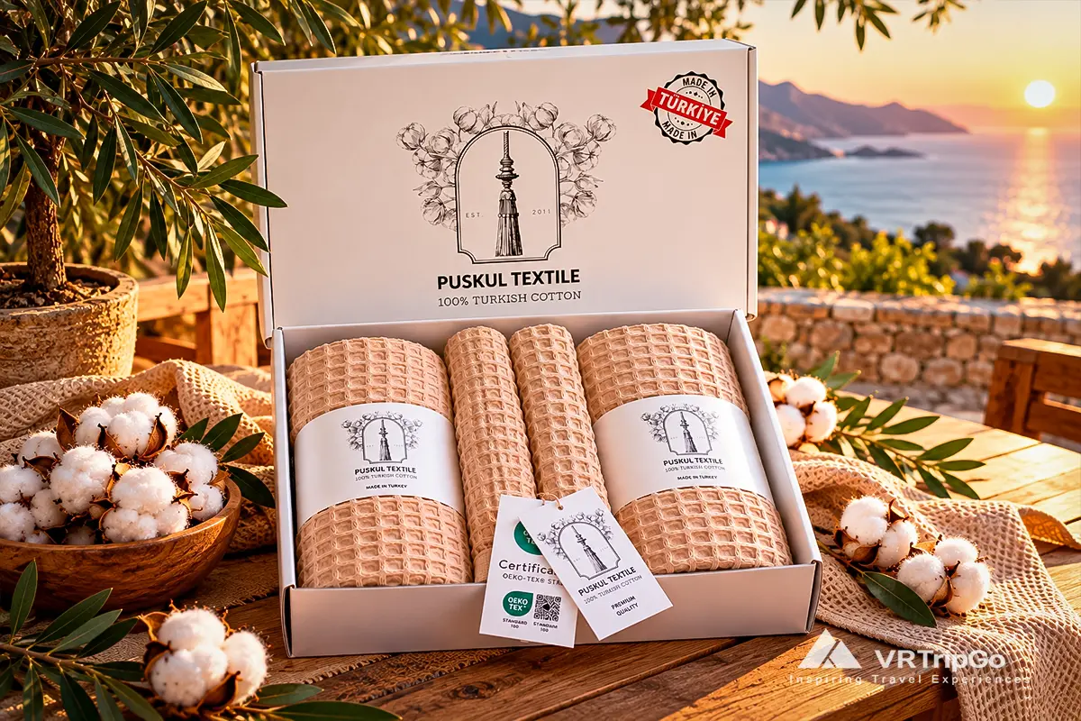 Premium Turkish cotton towel gift set by Puskul Textile, featuring beige waffle-weave towels in an elegant gift box overlooking the Mediterranean Sea at sunset.