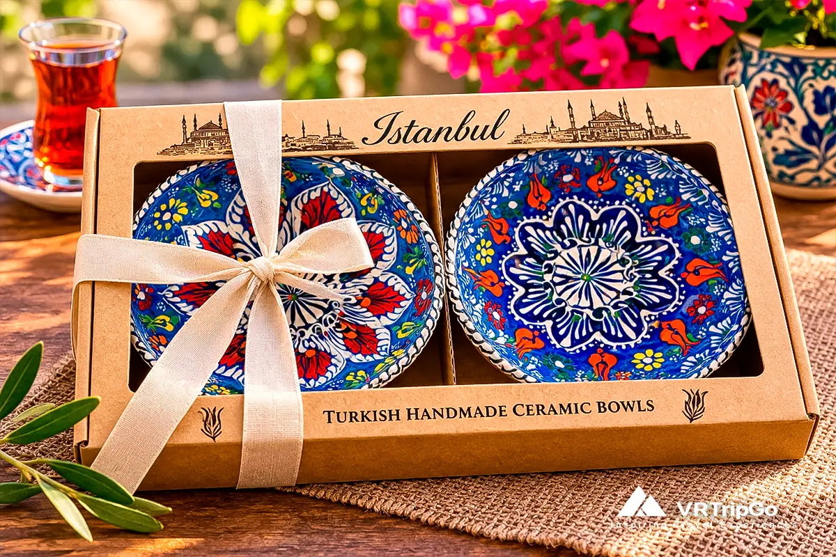 Traditional Turkish handmade ceramic bowls with colorful floral patterns in an elegant Istanbul gift box, decorated with a ribbon and displayed alongside Turkish tea.