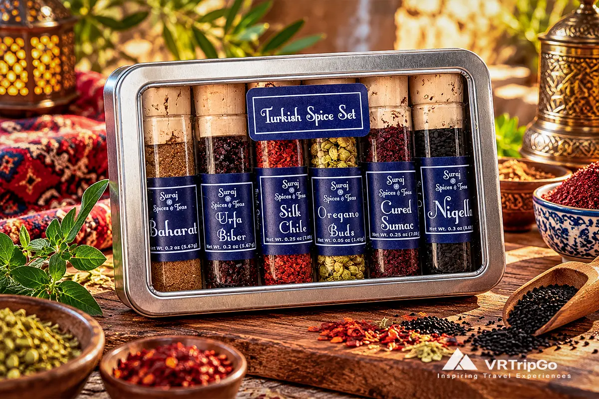 Premium Turkish Spice Set with six traditional spices in elegant glass tubes, displayed in a gift box with authentic Turkish decor.