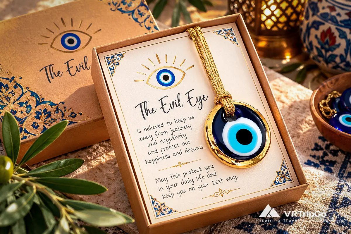 Traditional Turkish Evil Eye Nazar amulet with gold trim and braided cord, presented in elegant gift packaging with Turkish decorative details.
