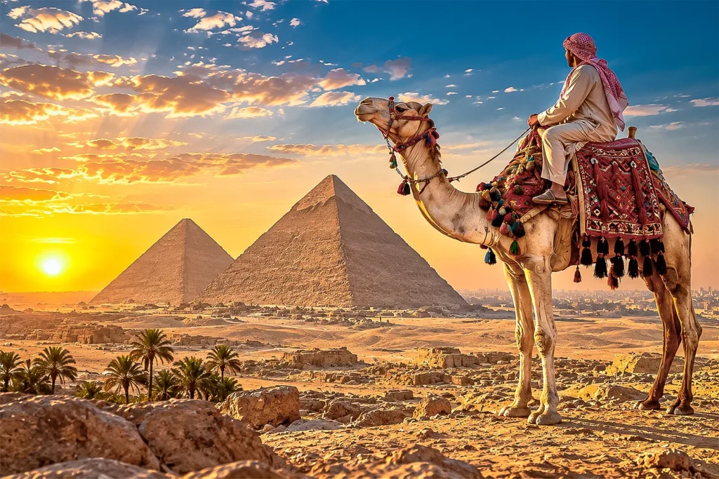 Camel overlooking the Pyramids of Giza at sunset, Egypt