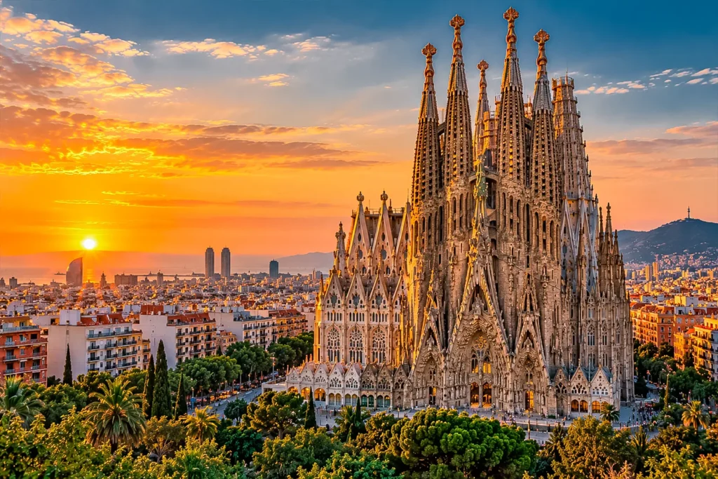 Sagrada Familia and Barcelona cityscape at sunset, Spain