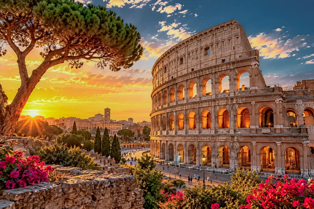 Colosseum in Rome surrounded by historic ruins at sunset, Italy