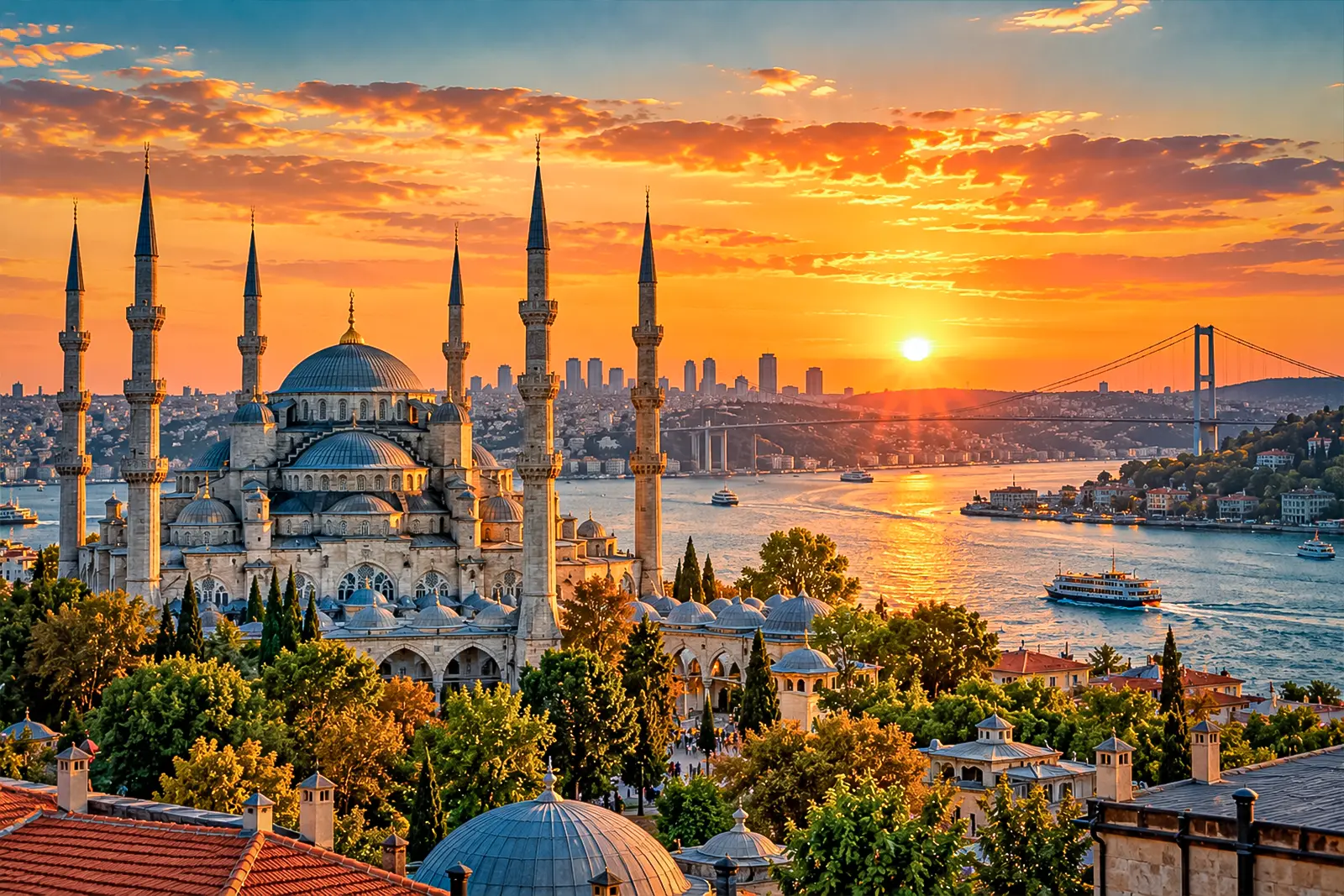 Istanbul skyline with the Blue Mosque and Bosphorus at sunset, Turkey