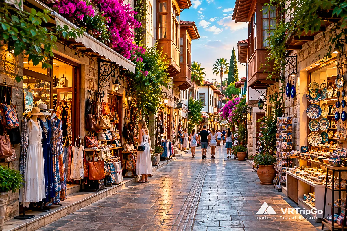 Kaleici Shopping Streets in Antalya with traditional shops, Turkish souvenirs, colorful lamps, ceramics, and tourists in the historic Old Town.